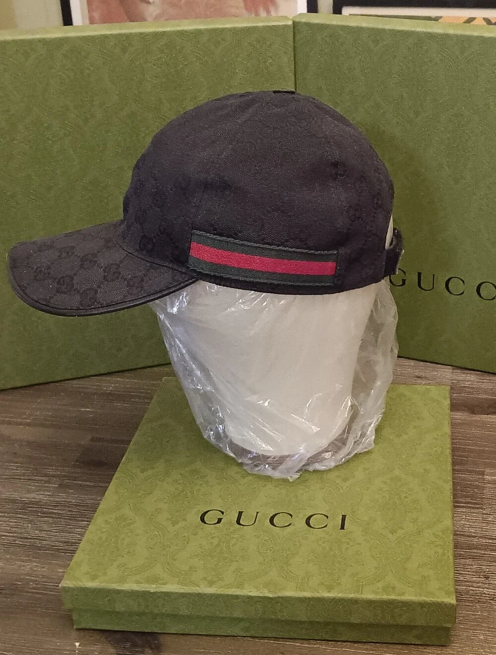 Gucci Black GG Canvas Cap with Signature Green-Red Web